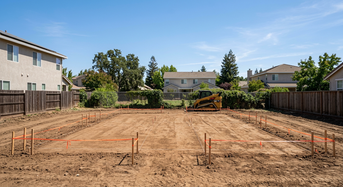 A staked and leveled building pad in a residential lot