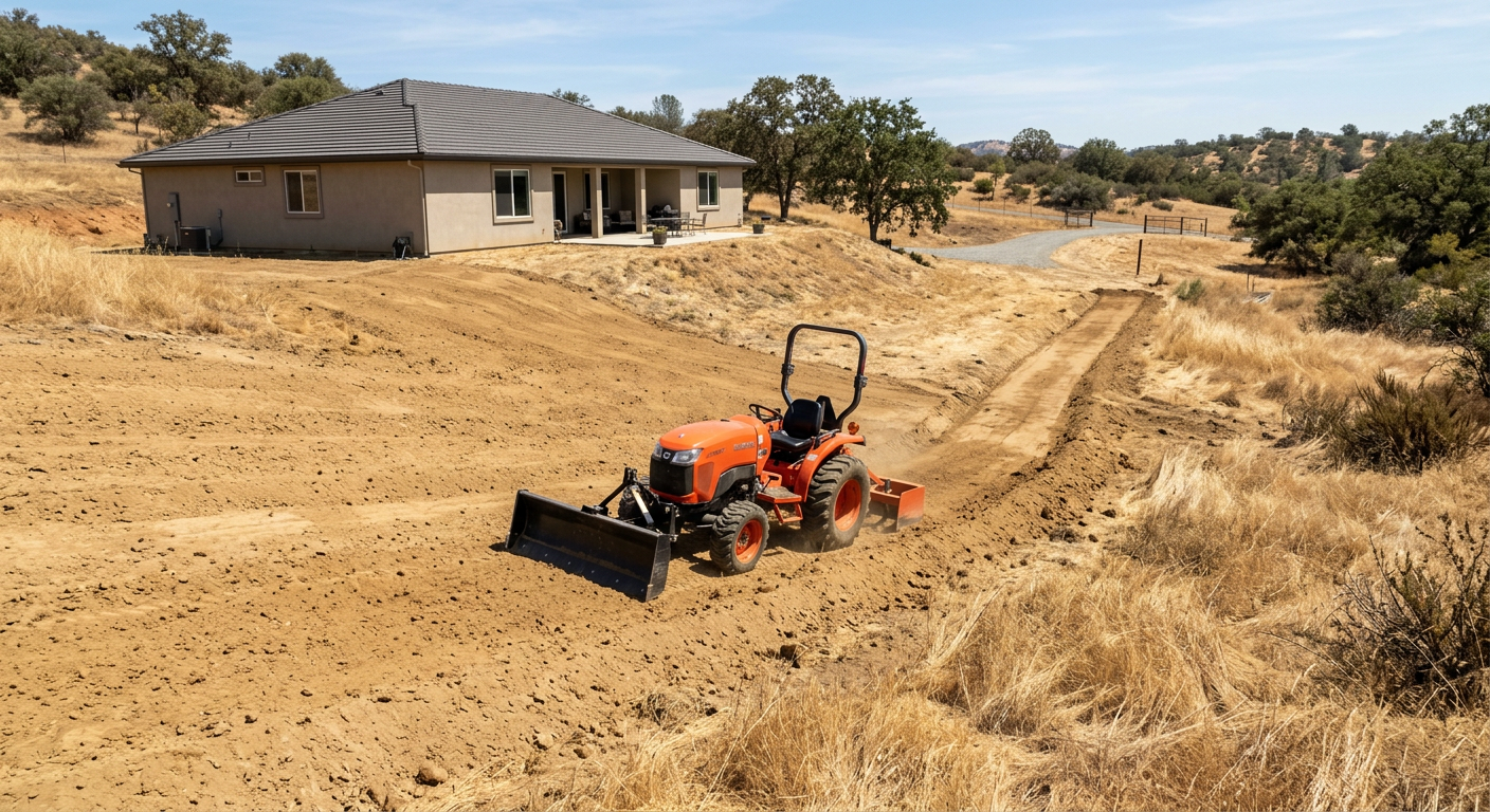A tractor grading a drainage swale beside a house