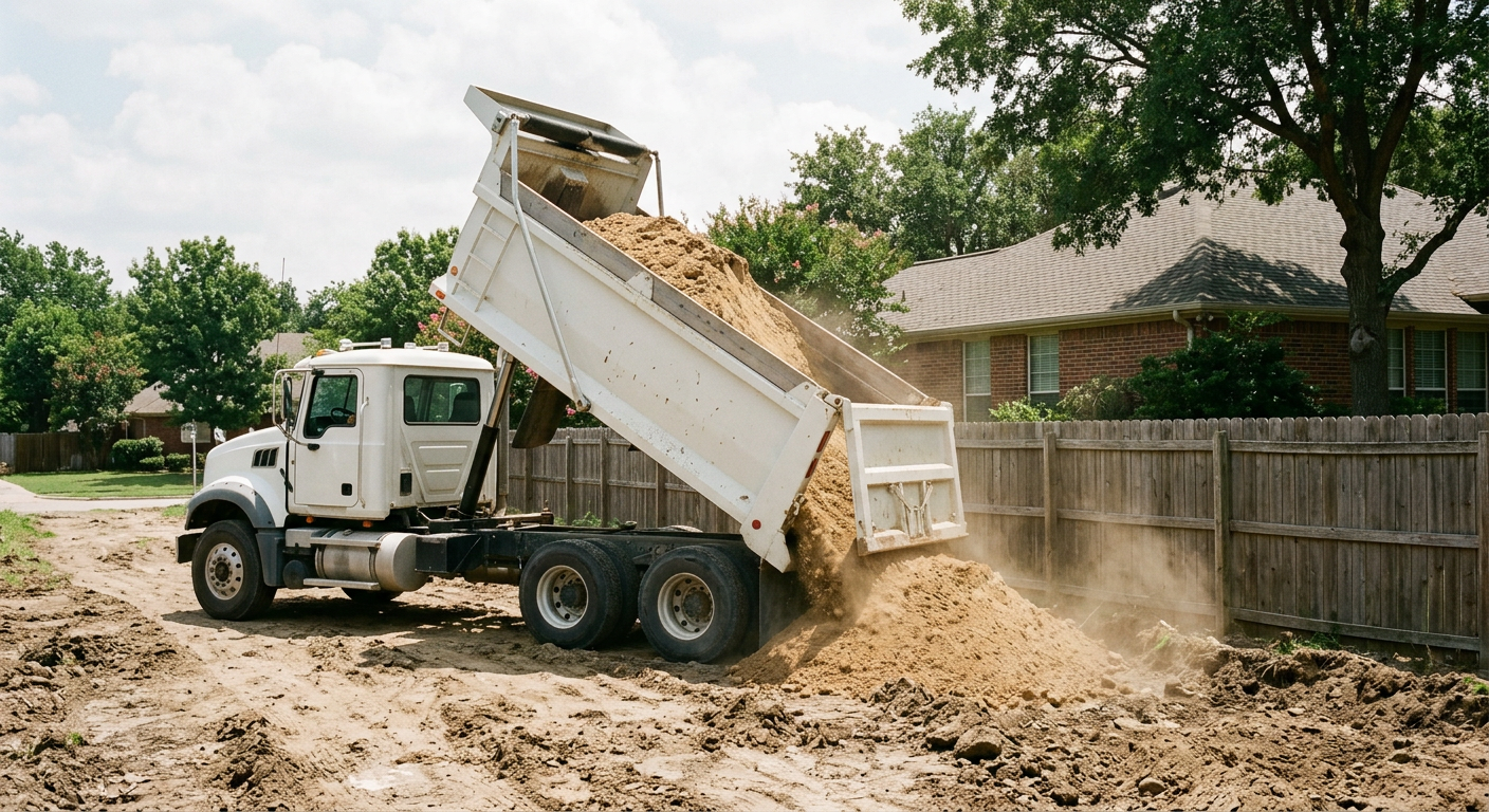 A dump truck tipping a load of dirt beside a fence