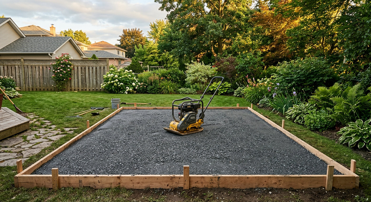 A framed gravel pad being compacted for a backyard shed