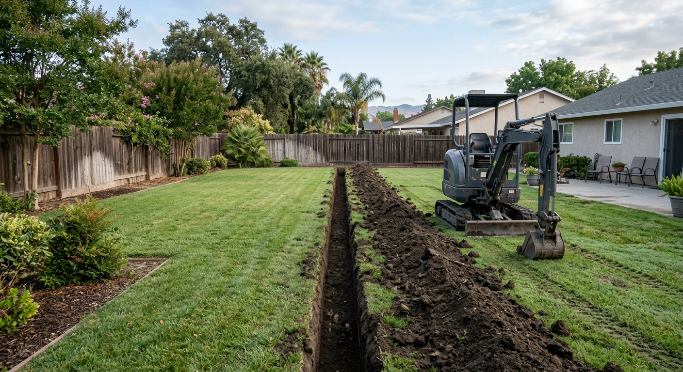 A trench dug across a backyard lawn with a mini excavator beside it