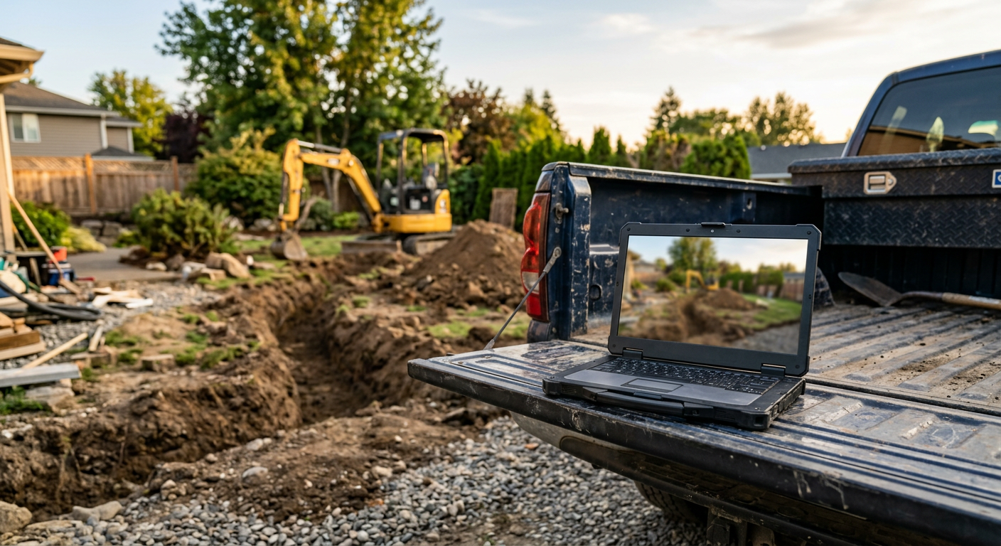A rugged laptop open on a truck tailgate beside a trench and a small excavator (generated image)